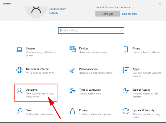 Click on Account option in windows setting 