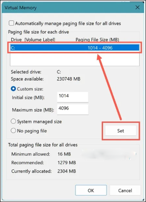 Virtual Memory setting in windows 10 