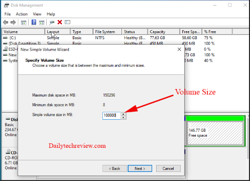 Set Volume Size While Create Volume in windows 10 